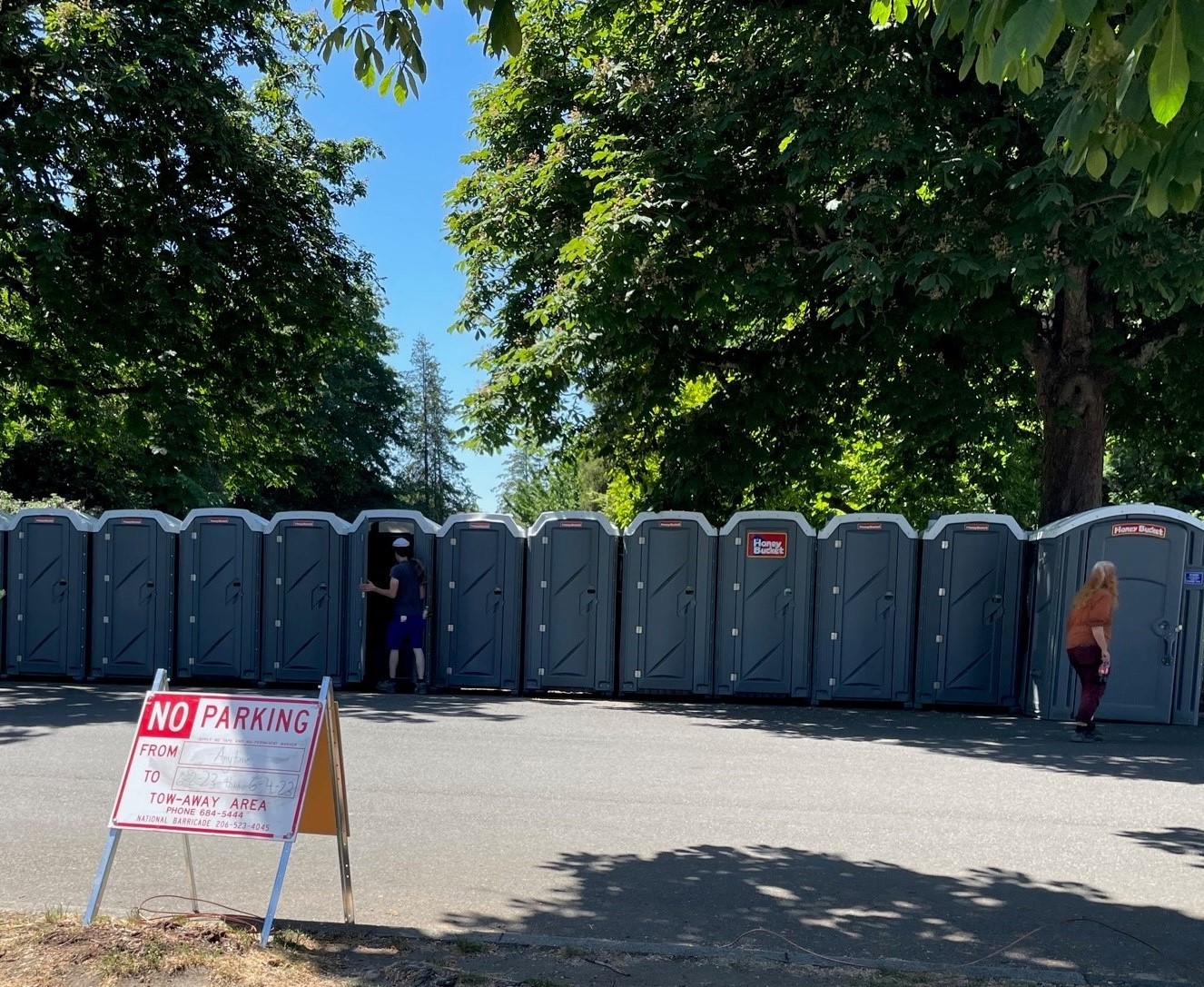 A row of portable toilets