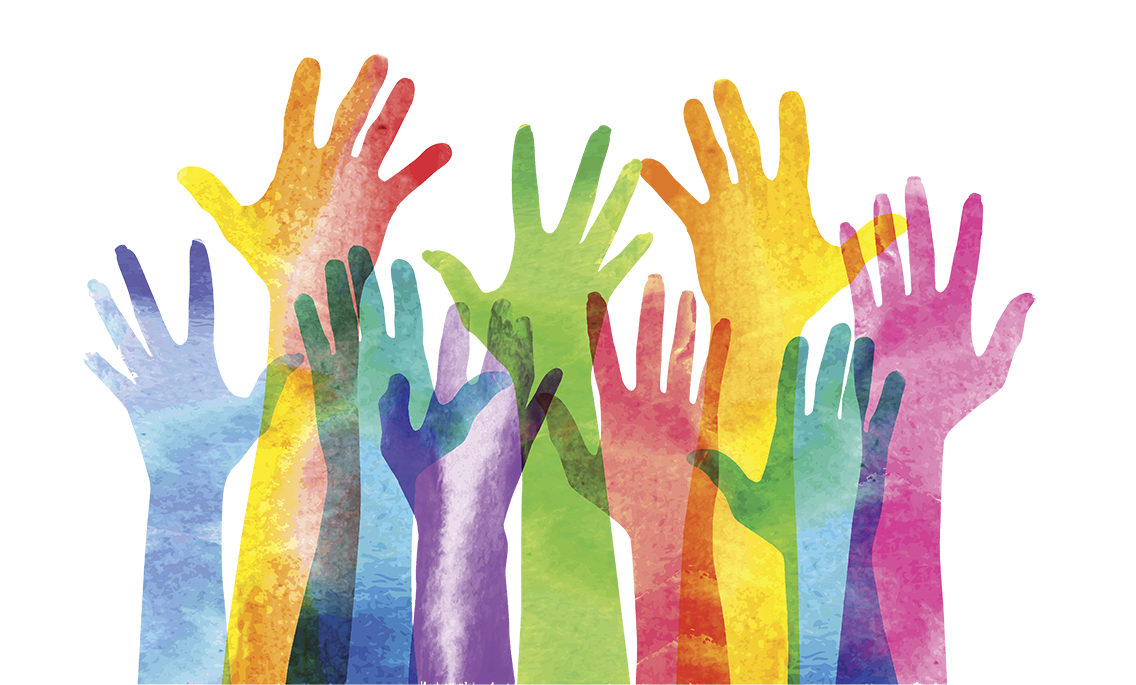 Graphic depicting raised hands the color of rainbows