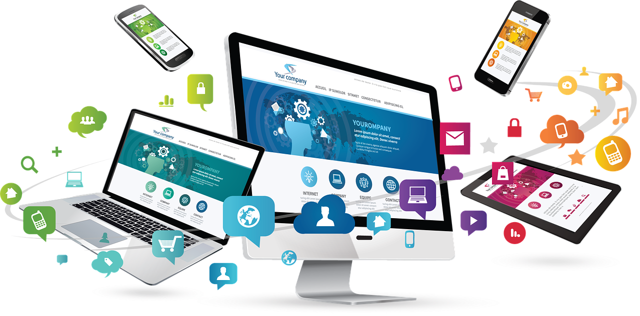 Many icons for technology circling around computer devices.